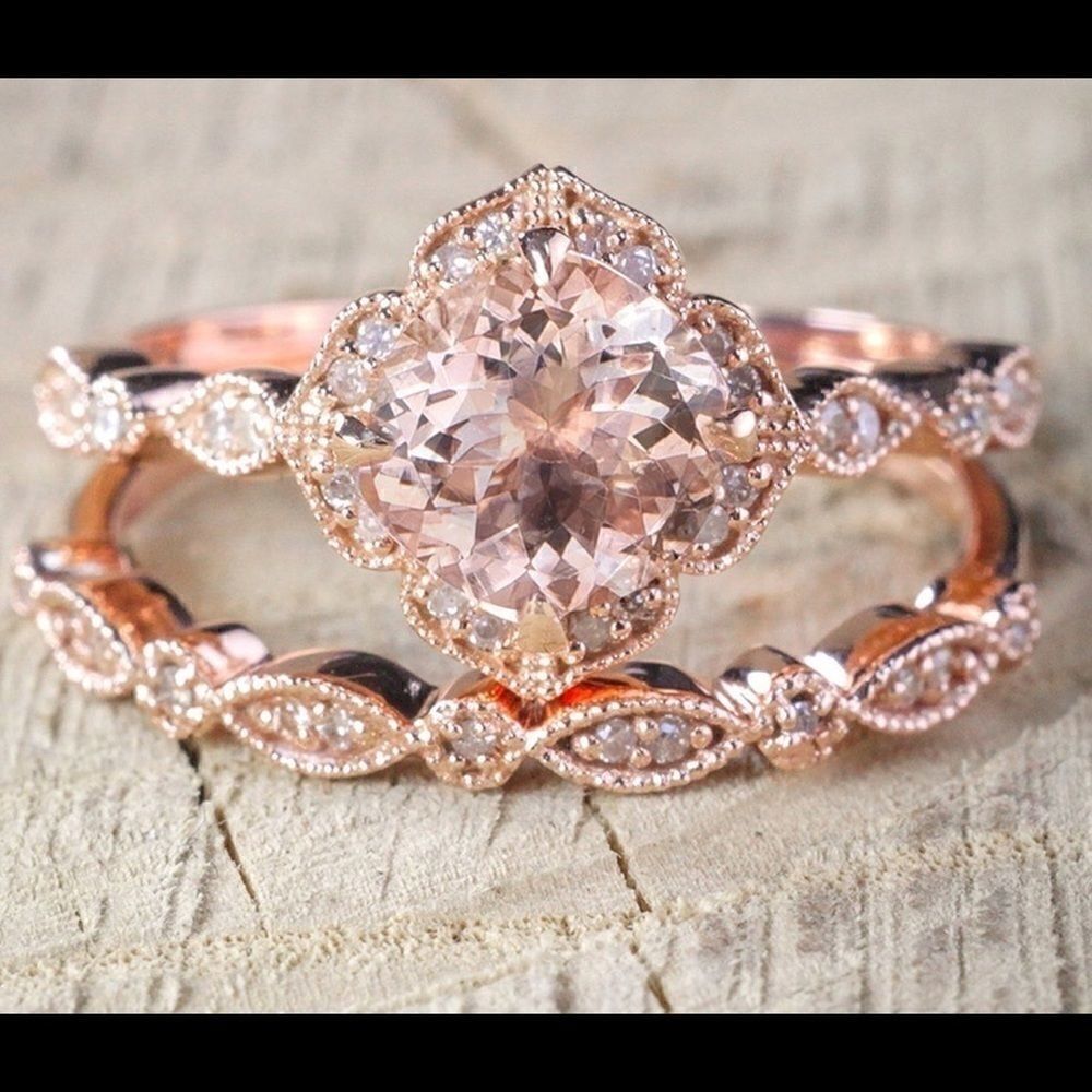 Exquisite Rose Gold PLATED  2pc CZ Diamond & Wedding Band Set